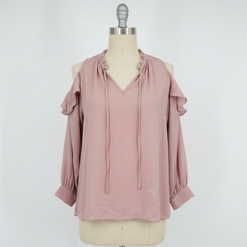 Ee:some Cold Shoulder Ruffle Blouse Mauve Pink V-Neck Long Sleeve Top Large